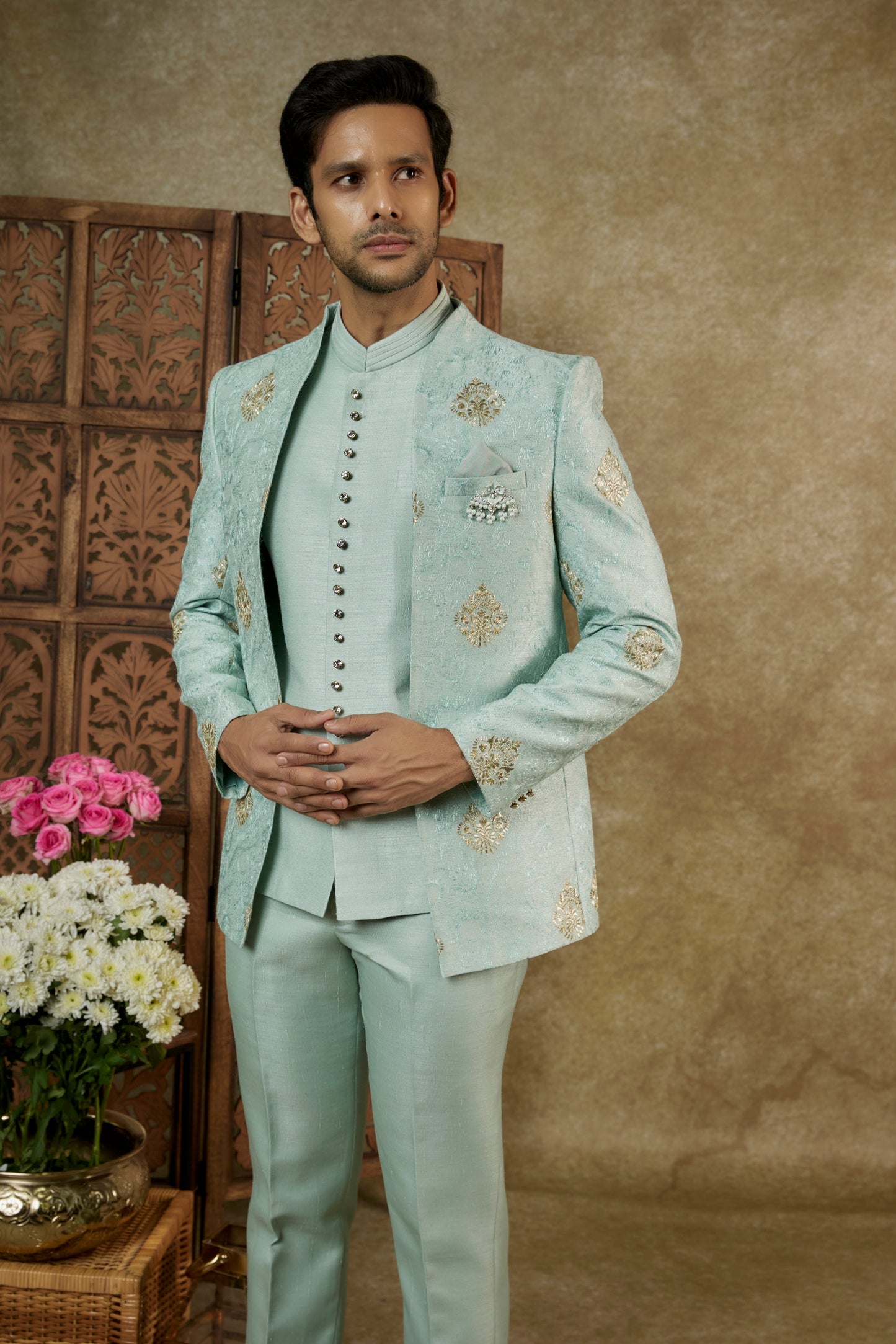 PISTACHIO GREEN JACQUARD OPEN JODHPURI SET