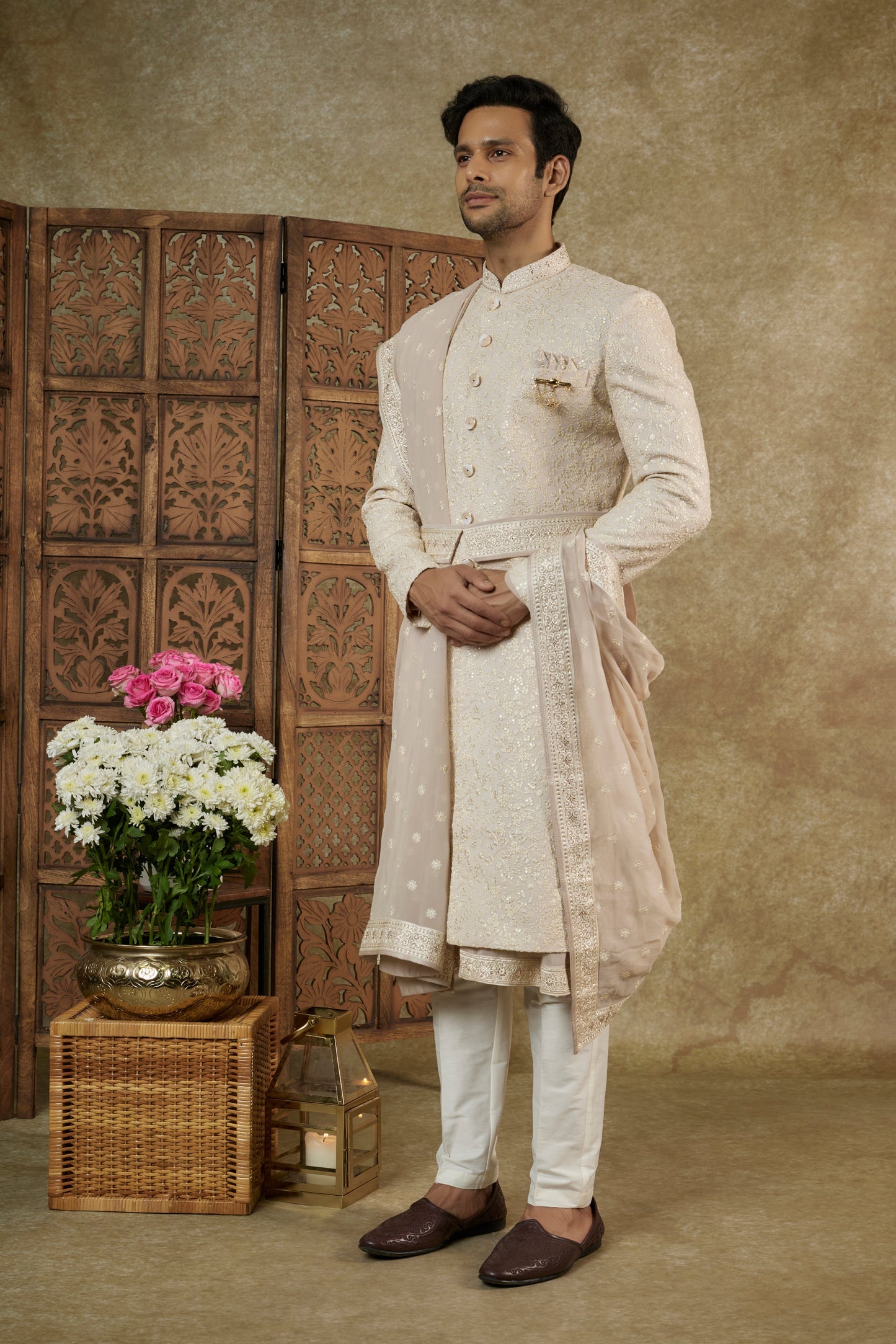 GOLD CREAM SILK ANARKALI SHERWANI SET WITH STONE EMBELLISHMENTS
