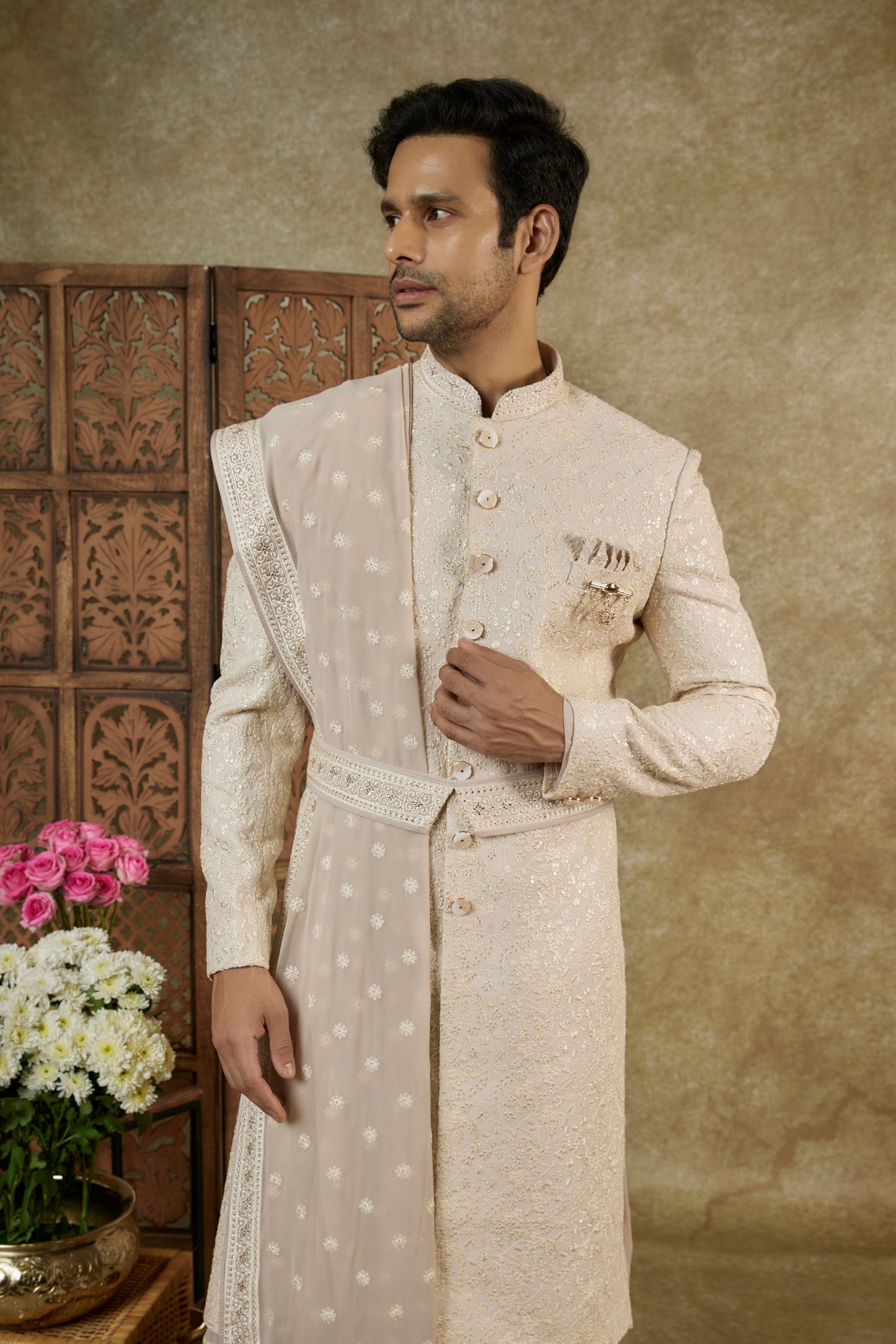 GOLD CREAM SILK ANARKALI SHERWANI SET WITH STONE EMBELLISHMENTS