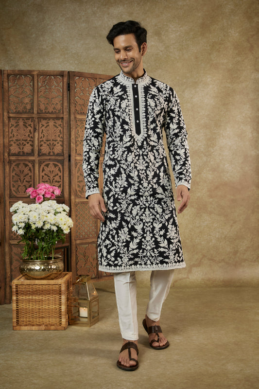 RAVEN BLACK RESHAM EMBROIDERED SPLENDID SILK KURTA SET