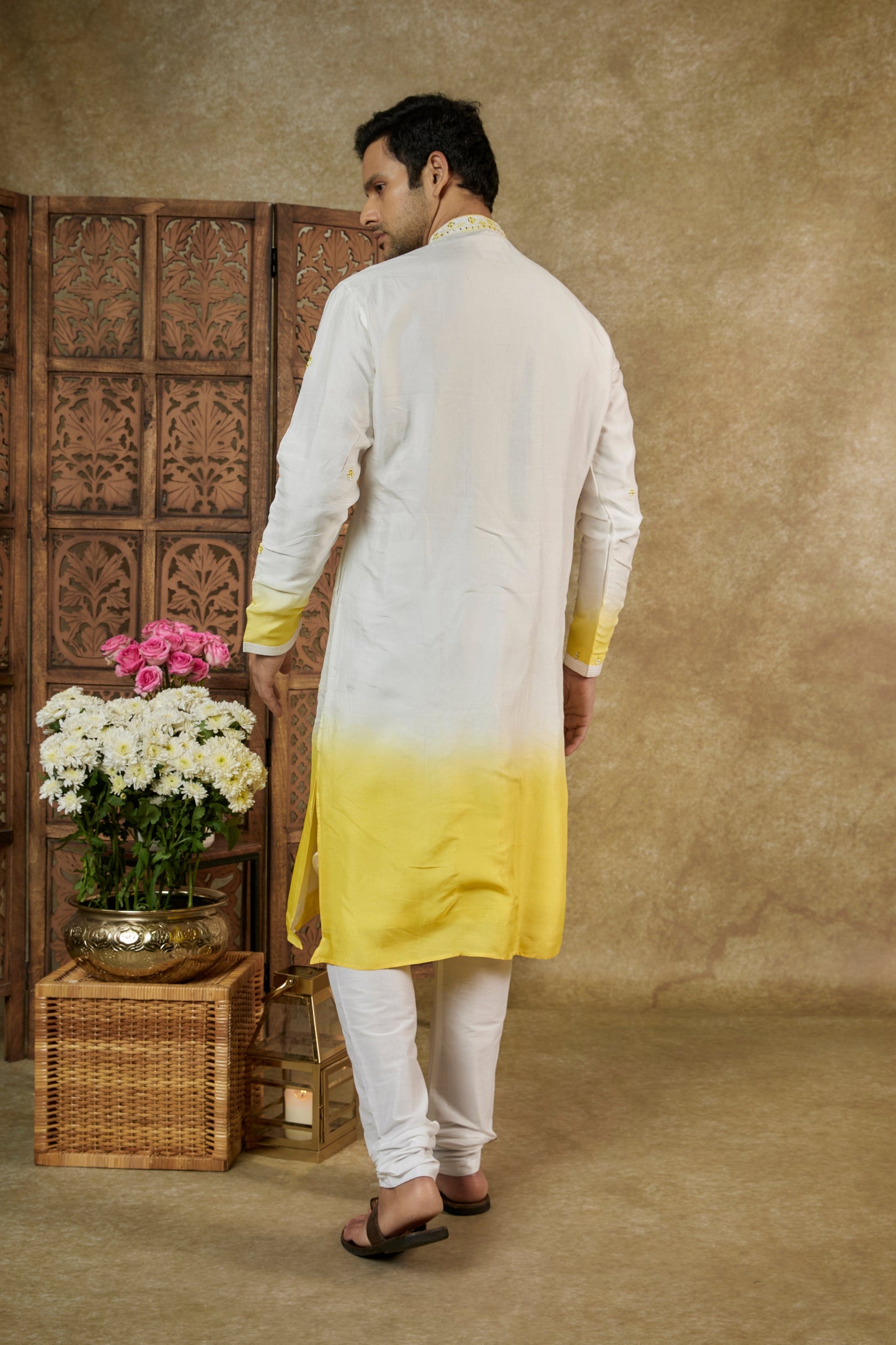 OMBRE LIME WHITE MIRROR AND RESHAM SILK KURTA SET
