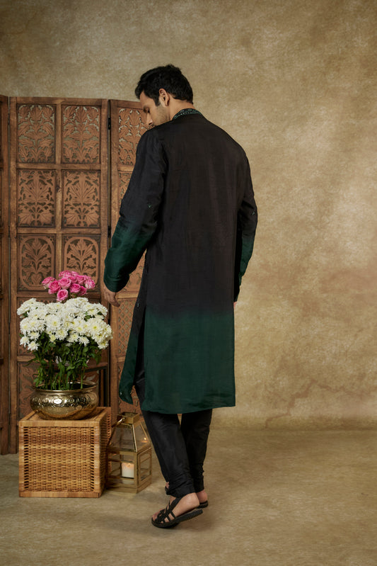 OMBRE GREEN BLACK MIRROR AND RESHAM SILK KURTA SET