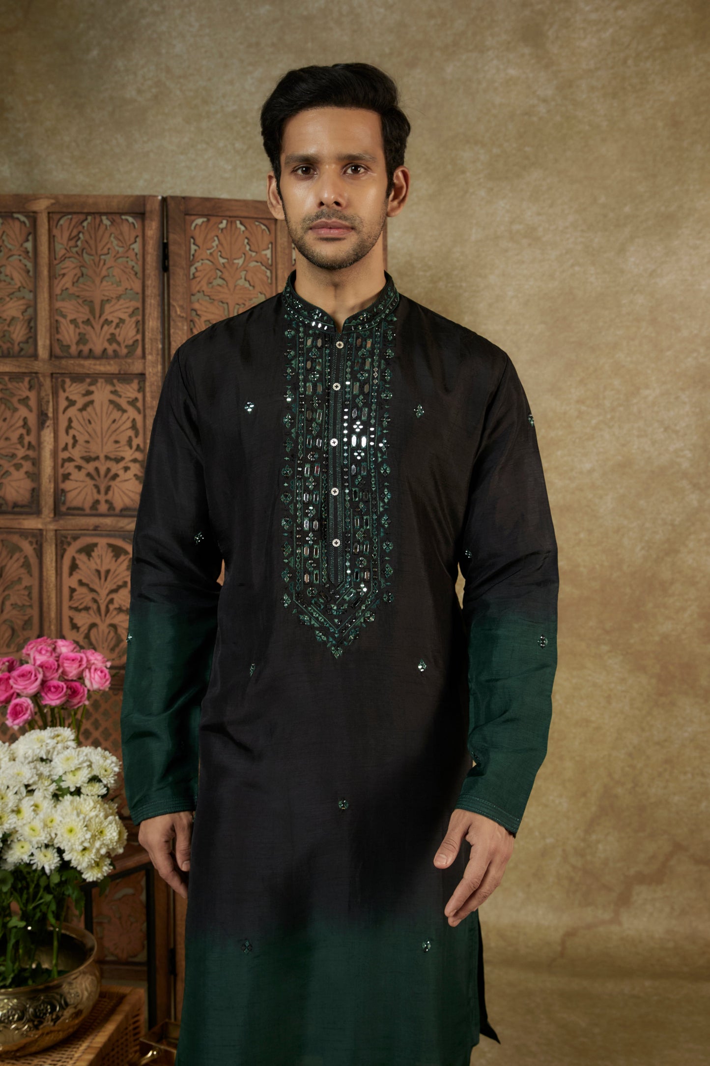 OMBRE GREEN BLACK MIRROR AND RESHAM SILK KURTA SET