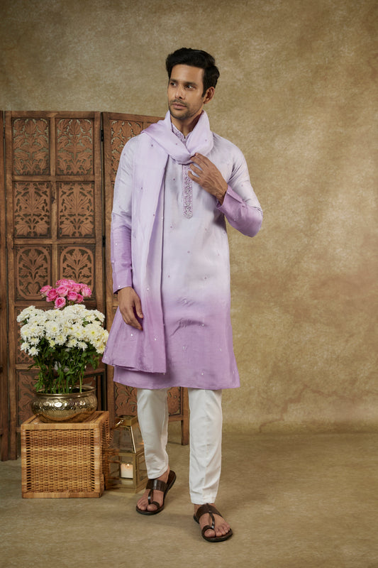OMBRE WHITE LILAC MIRROR AND RESHAM SILK KURTA SET