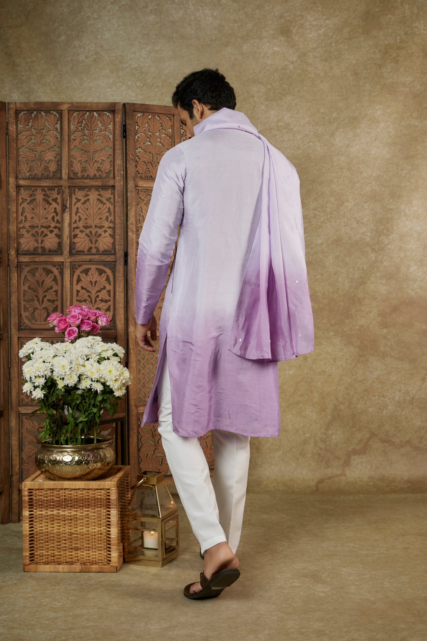 OMBRE WHITE LILAC MIRROR AND RESHAM SILK KURTA SET