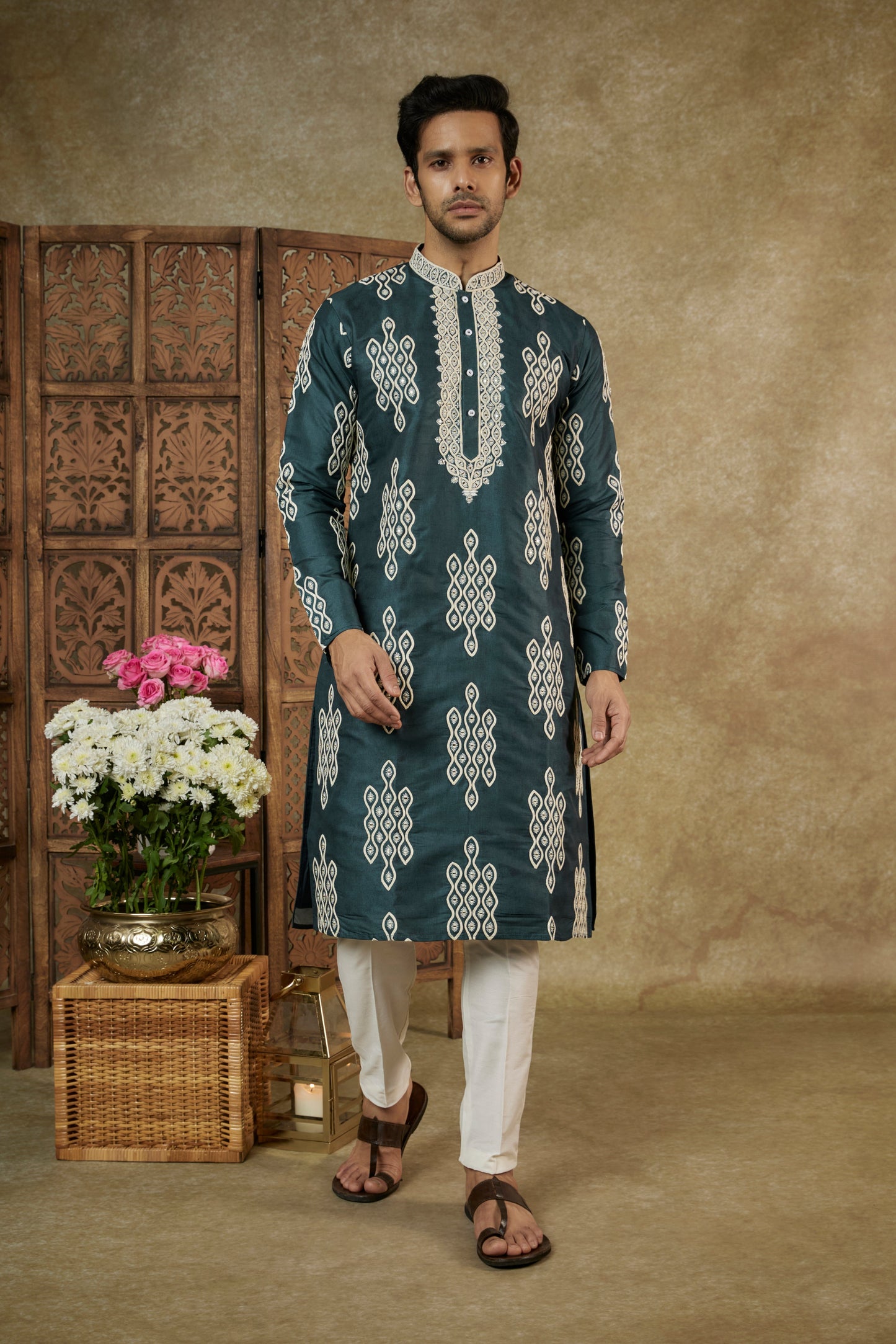 PINE GREEN RESHAM SILK KURTA SET