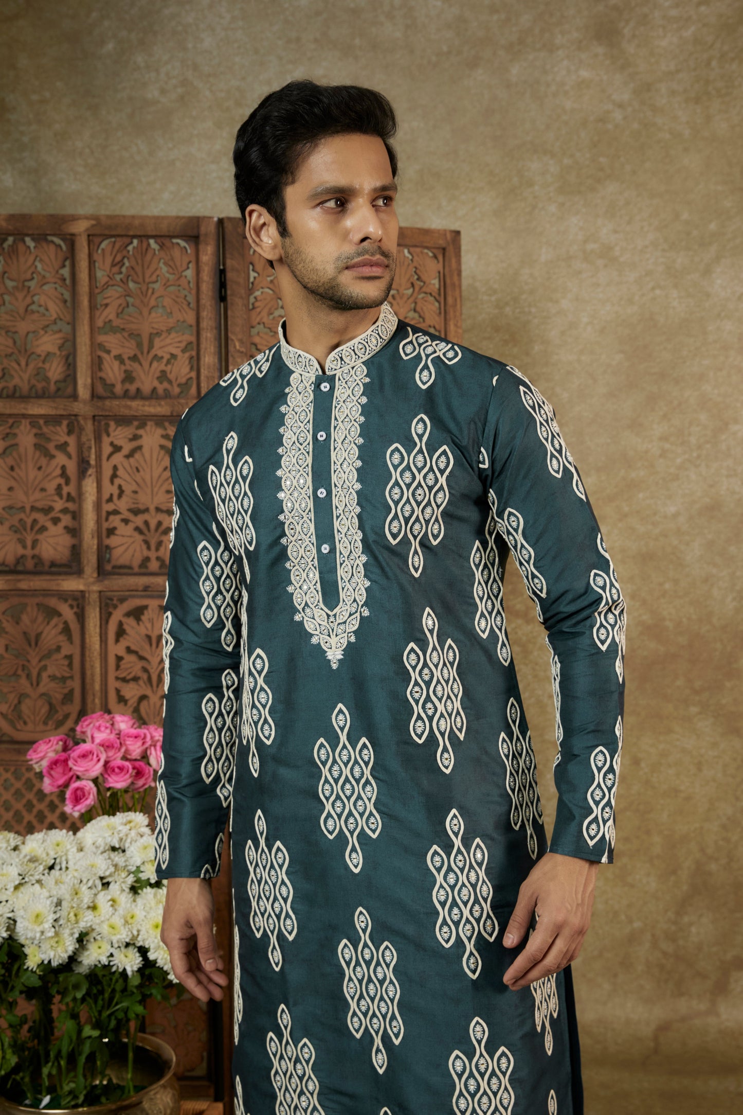 PINE GREEN RESHAM SILK KURTA SET