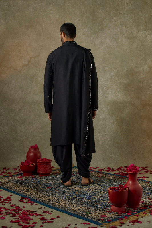 Pitch Black  art silk mirror embroidered patiala suit set