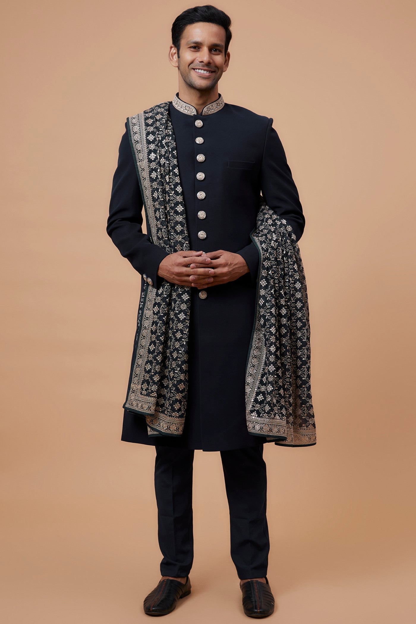 Blue Suiting Fabric Embroidered Indowestern Set