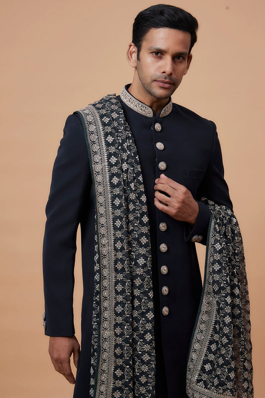 Blue Suiting Fabric Embroidered Indowestern Set