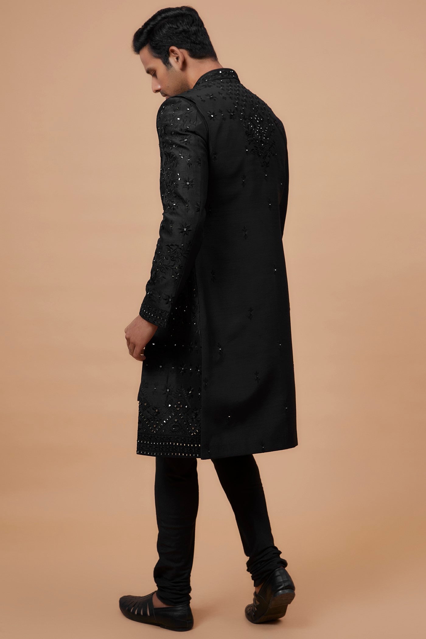 Black Silk Embroidered Indowestern Set