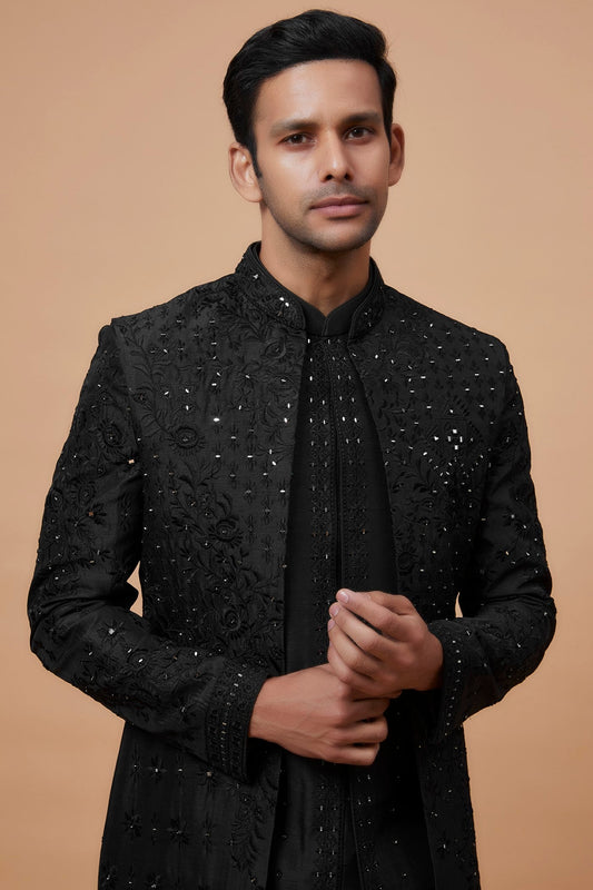 Black Silk Embroidered Indowestern Set
