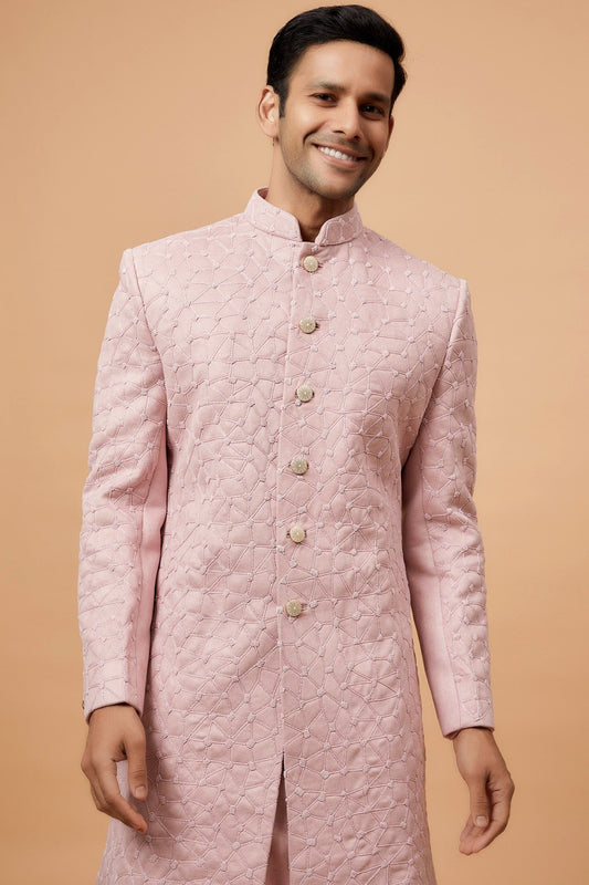 Peach Suede Velvet Embroidered Indowestern Set