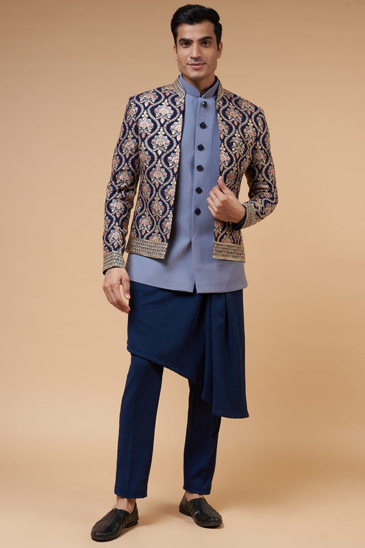 Blue Imported Suiting Embroidered Indowestern Set