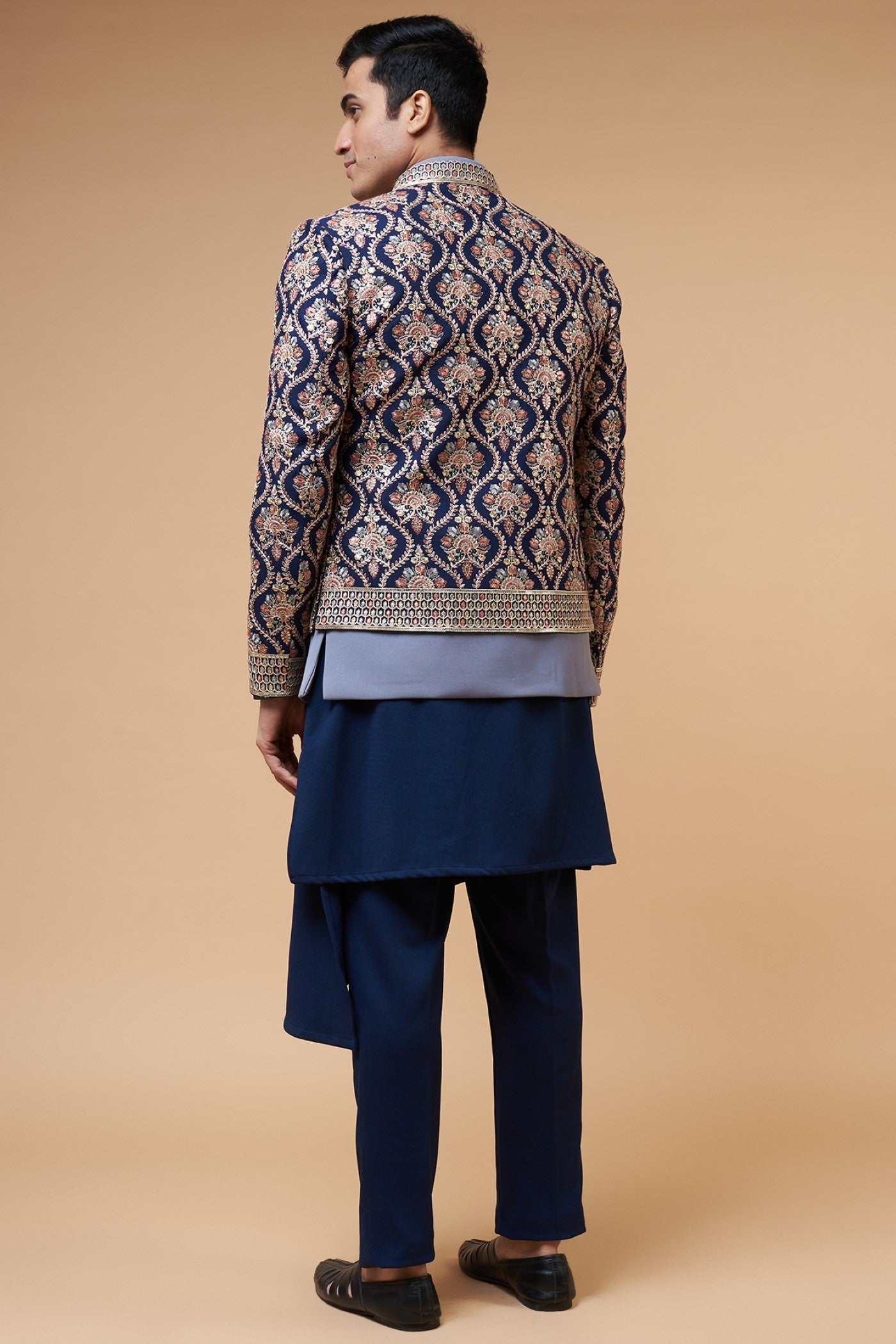 Blue Imported Suiting Embroidered Indowestern Set