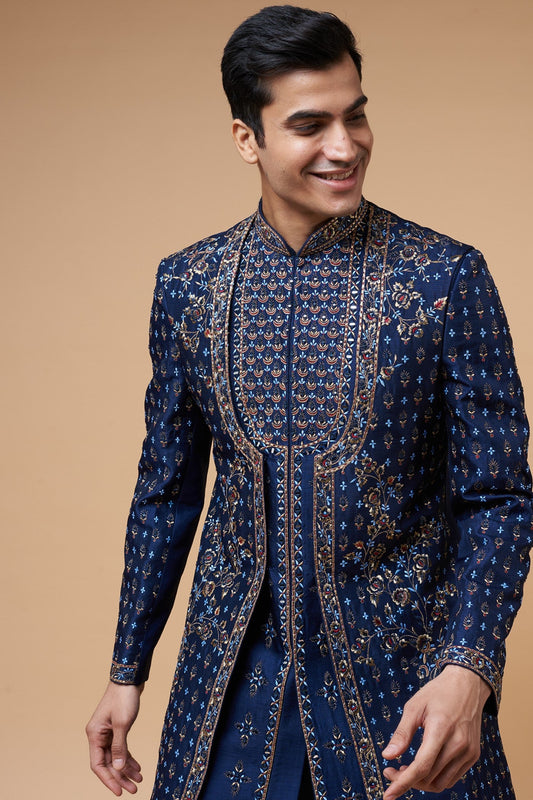Blue Silk Embroidery Indo-Western Set