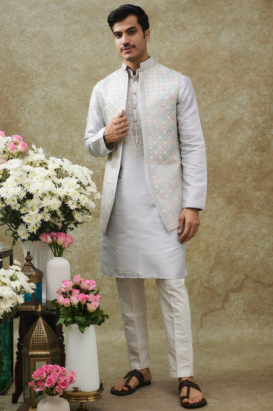 Snow White Splendid Silk Jacket Kurta Set