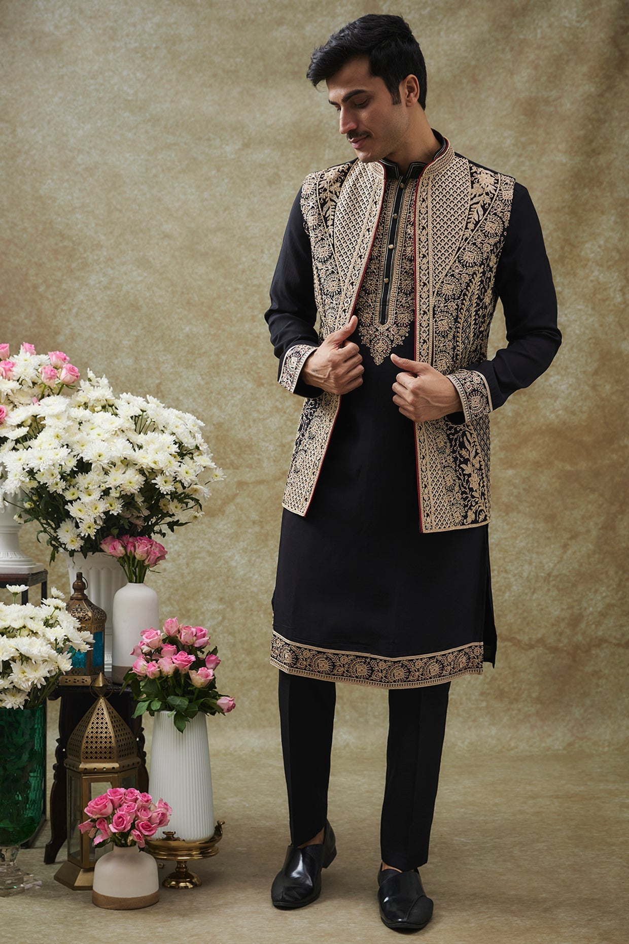 Jet Black Splendid Silk Jacket Kurta Set