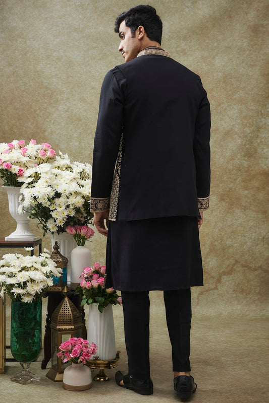 Jet Black Splendid Silk Jacket Kurta Set