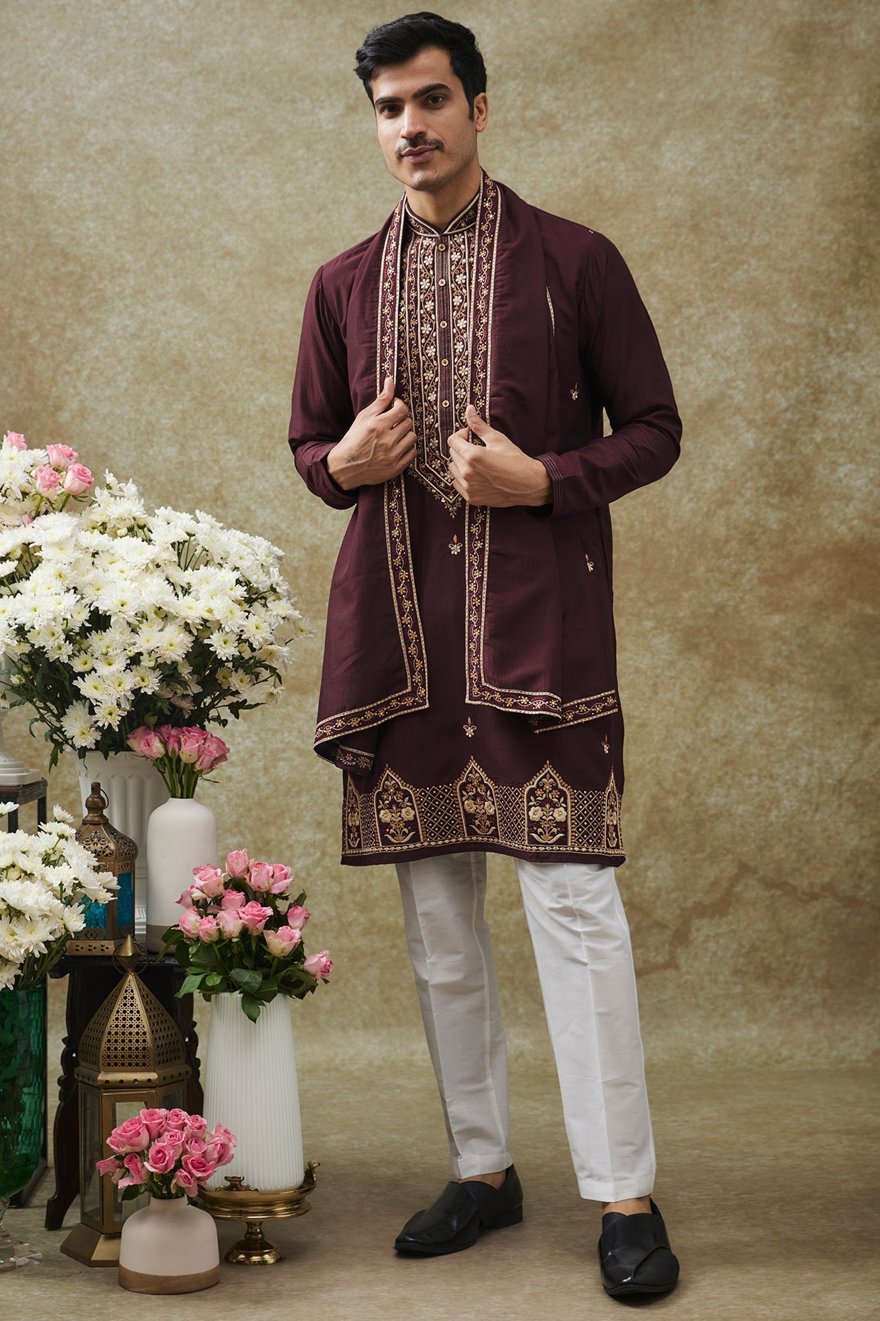 Gernet Red Splendid Silk resham Kurta Pajama Set