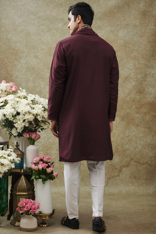 Gernet Red Splendid Silk resham Kurta Pajama Set