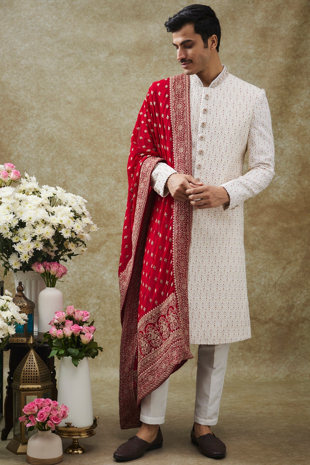 White Lucknowi Sherwani Set