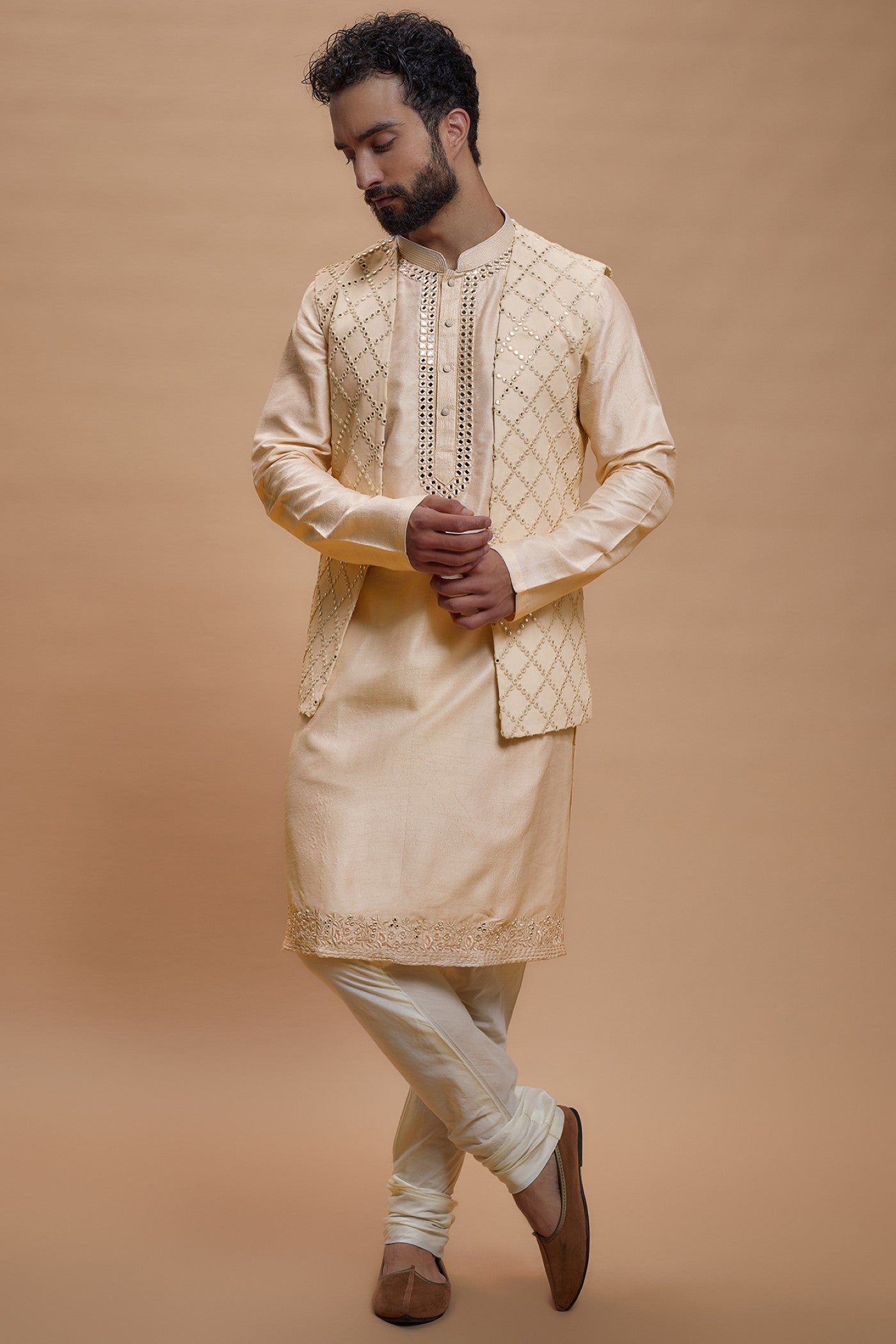 Peach Silk Embroidered Indo-Western Set