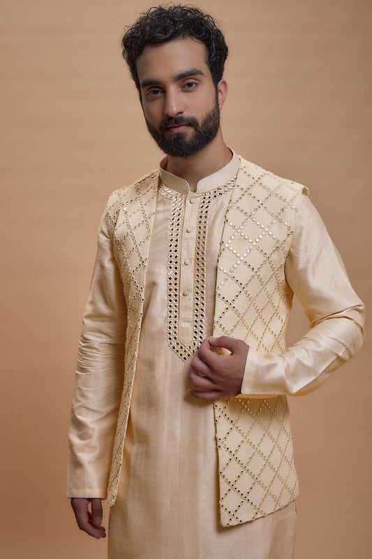 Peach Silk Embroidered Indo-Western Set