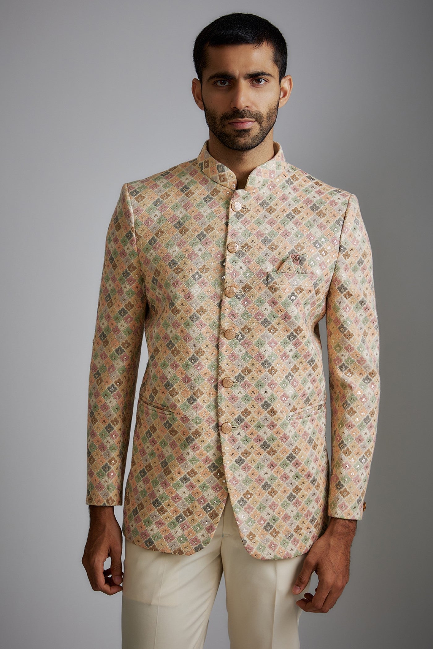 Gold Silk Embroidered Bandhgala Jacket Set