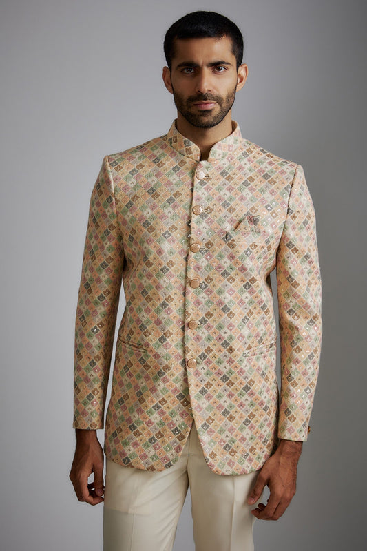 Gold Silk Embroidered Bandhgala Jacket Set