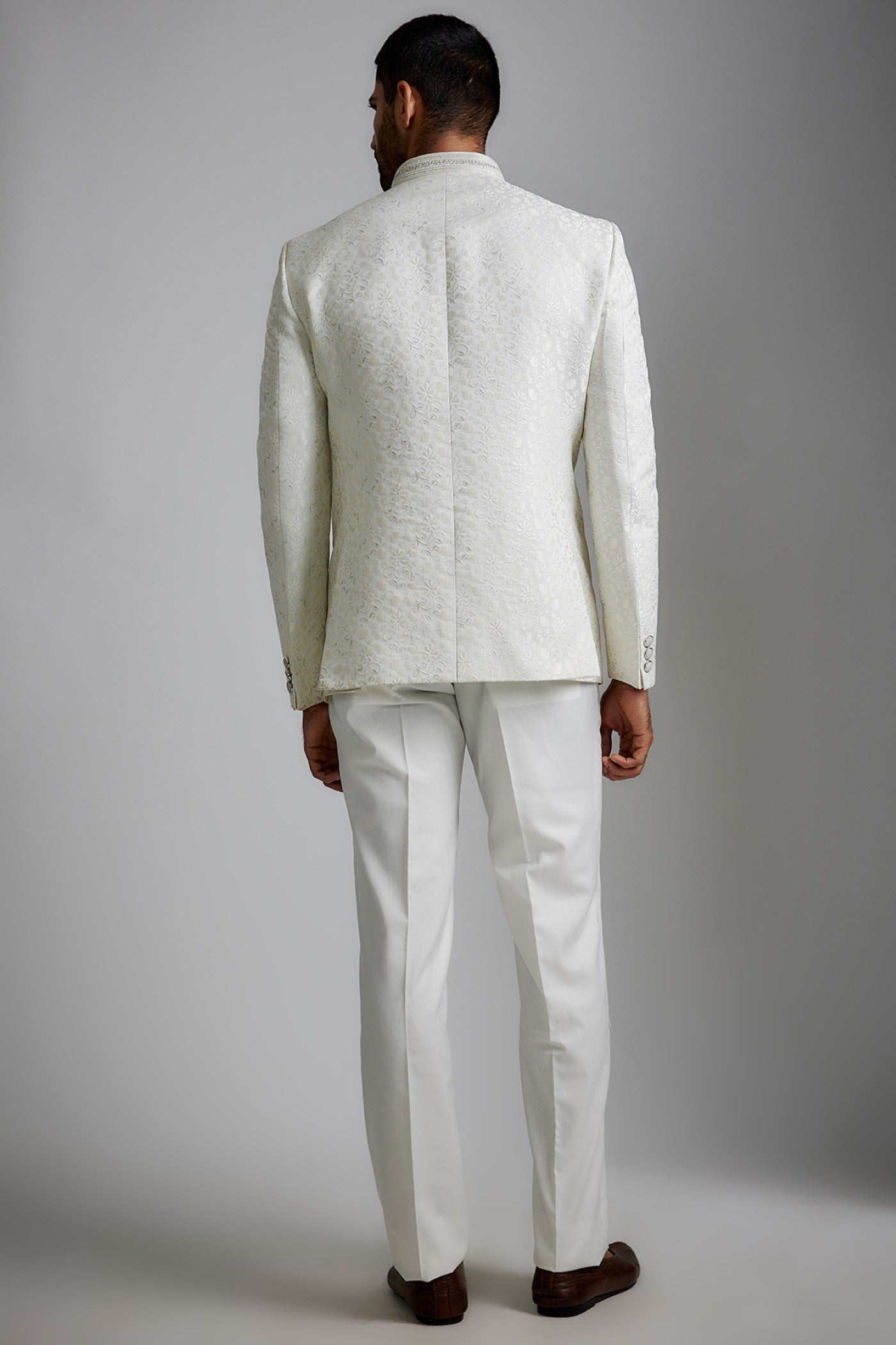 White Jacquard Bandhgala Jacket Set