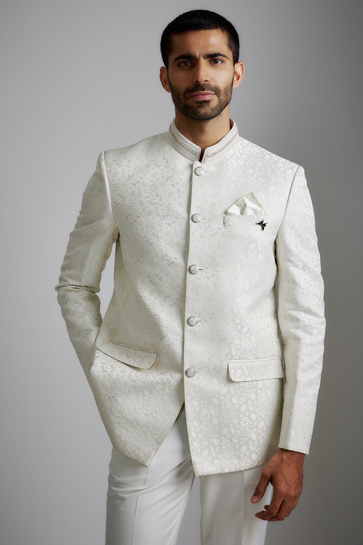 White Jacquard Bandhgala Jacket Set