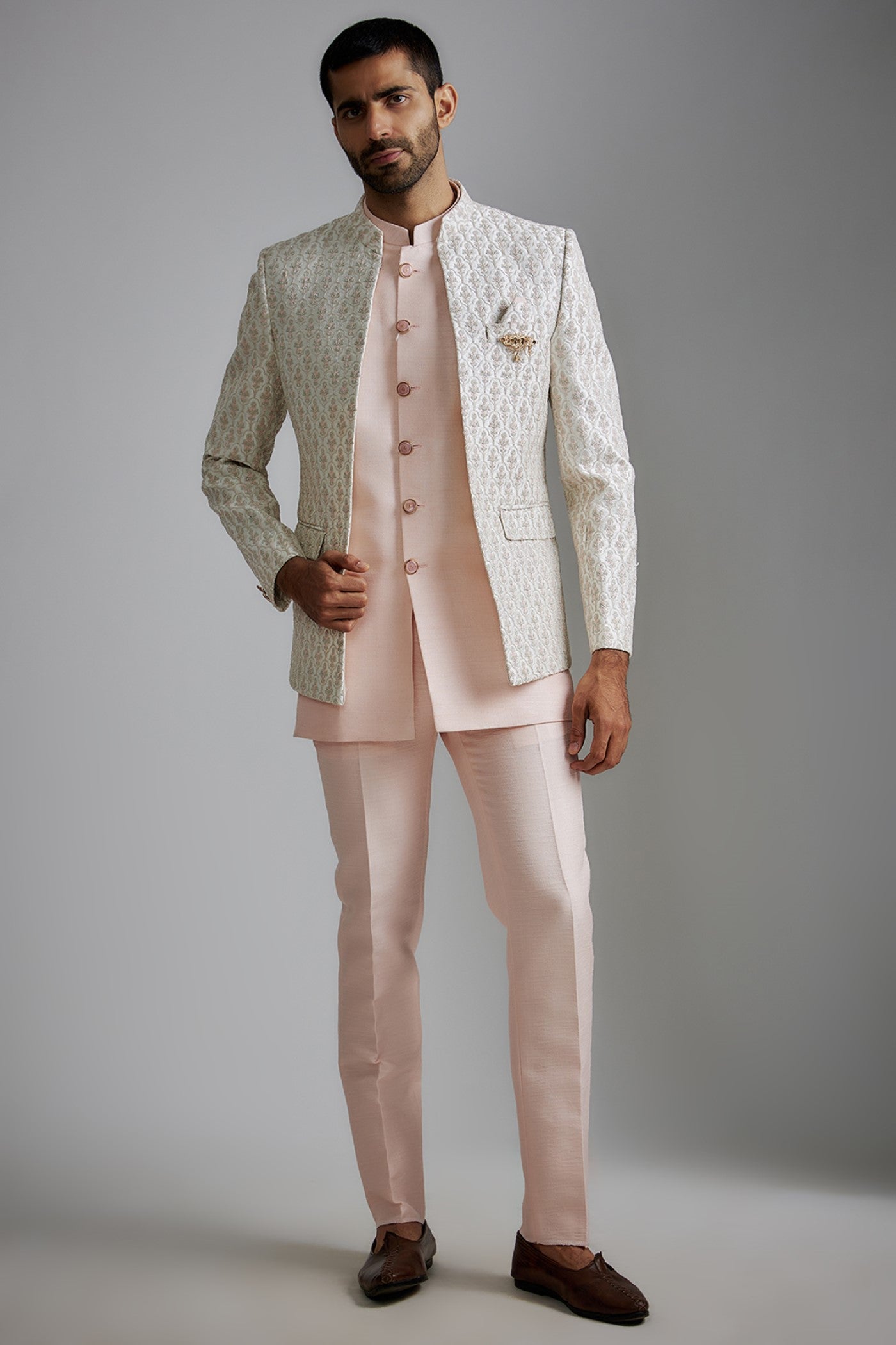 Cream Silk Embroidered Indowestern Jacket Set