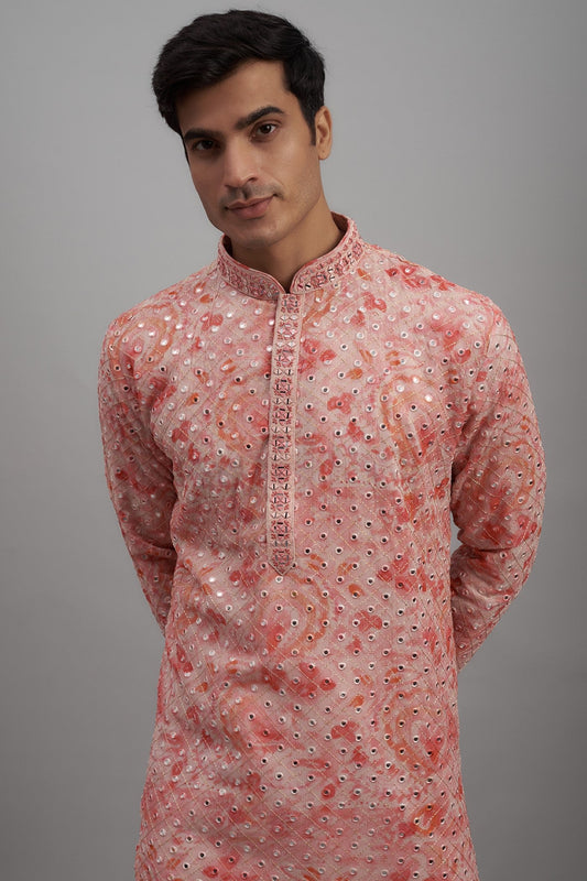 Pink Georgette Printed & Embroidered Kurta Set