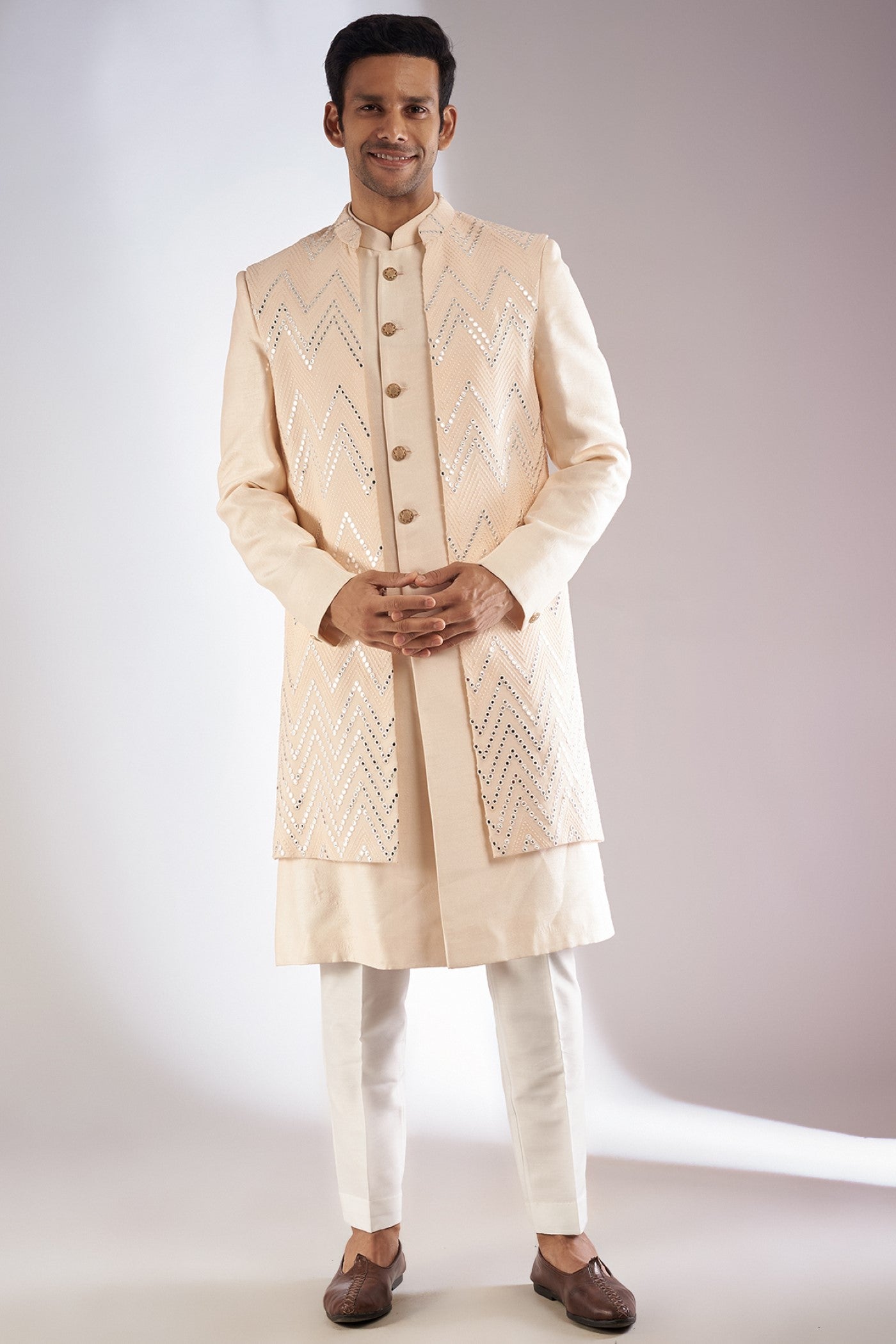 Cream Silk Embroidered Indowestern Set