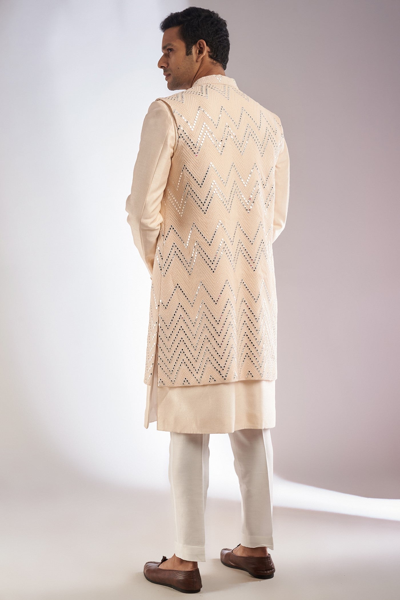 Cream Silk Embroidered Indowestern Set