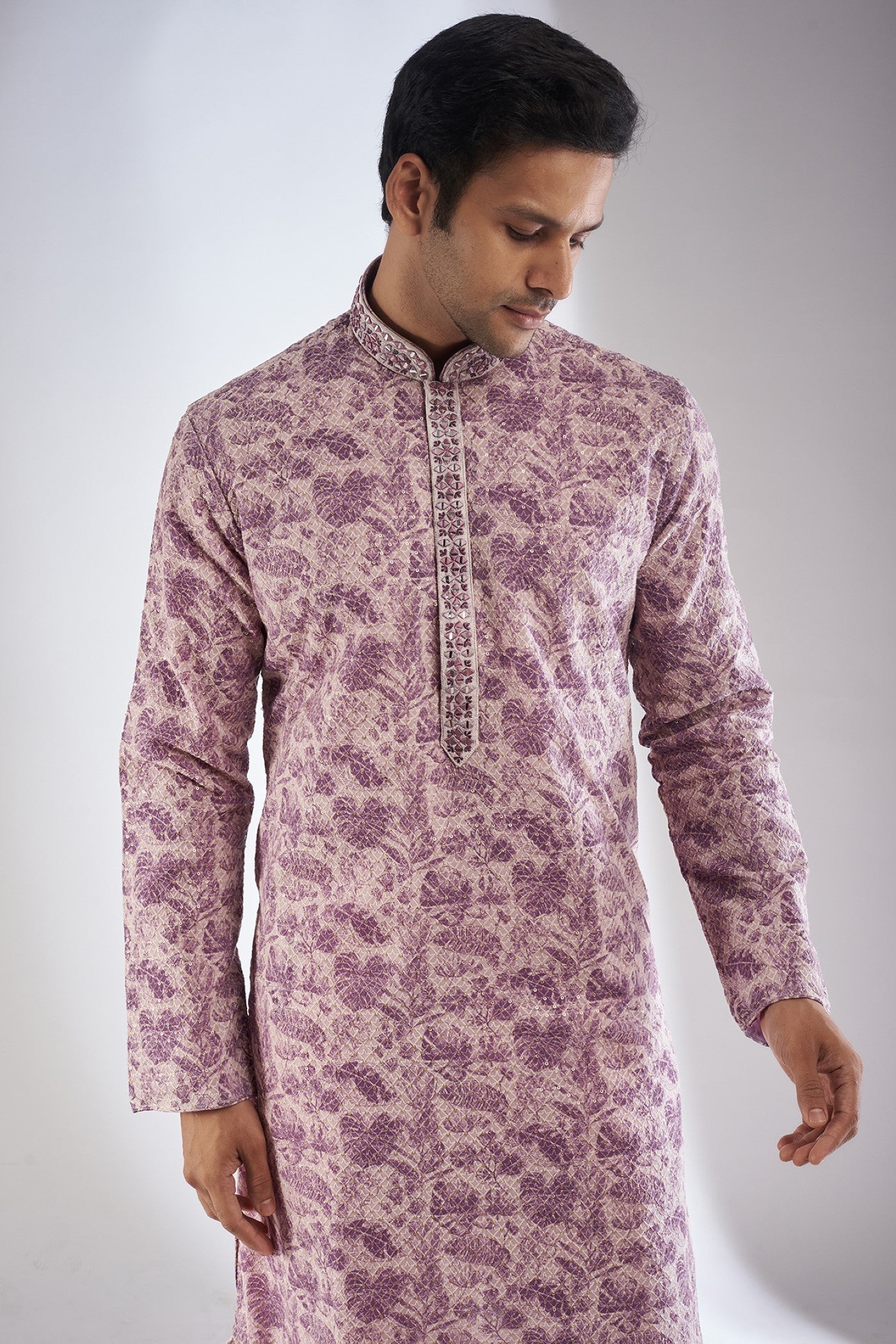 Purple Silk Printed & Embroidered Kurta Set
