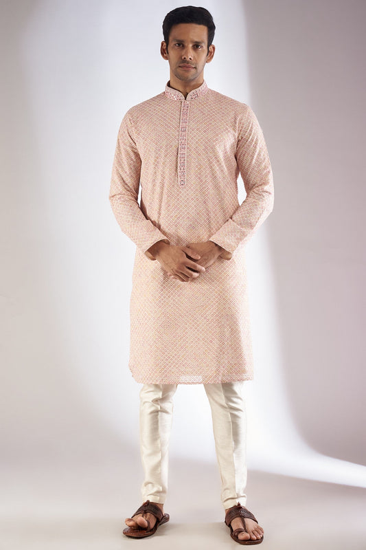 Pink Silk Printed & Embroidered Kurta Set