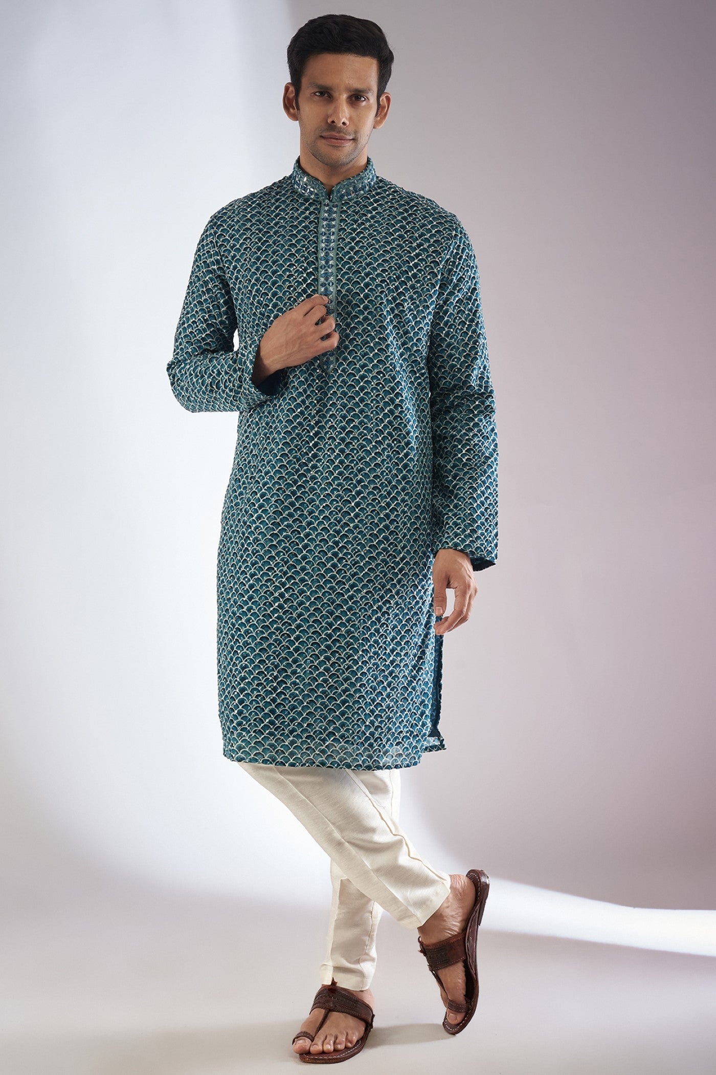 Green Silk Printed & Embroidered Kurta Set