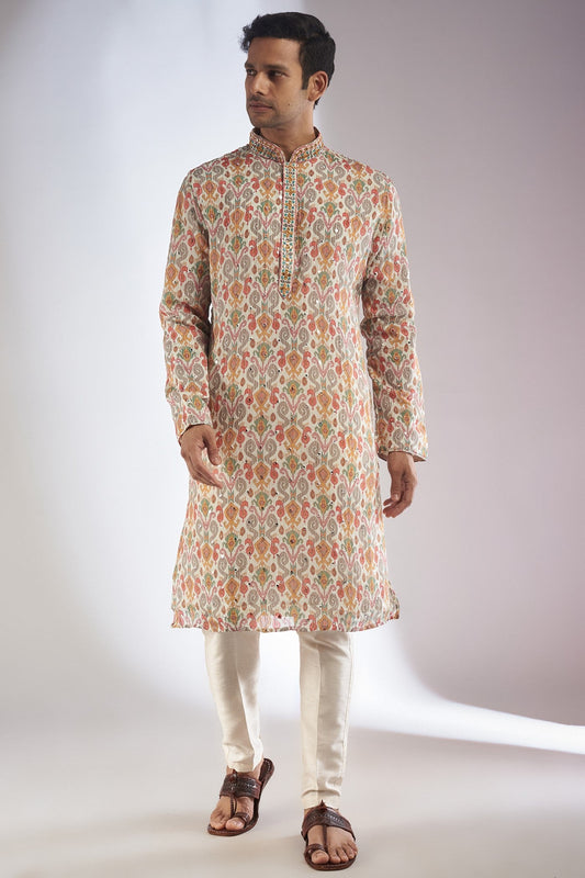 Pista Silk Printed & Embroidered Kurta Set