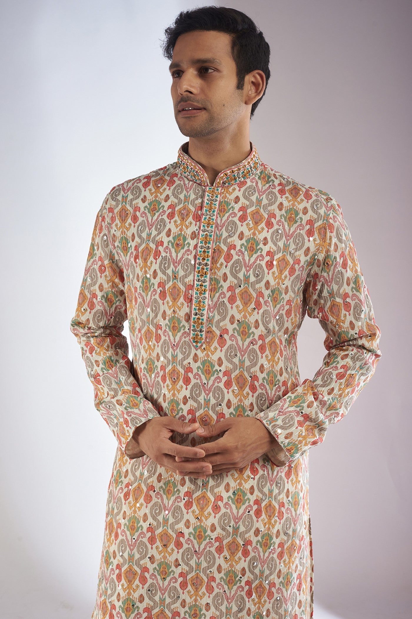 Pista Silk Printed & Embroidered Kurta Set