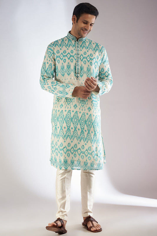 Blue Silk Printed & Embroidered Kurta Set