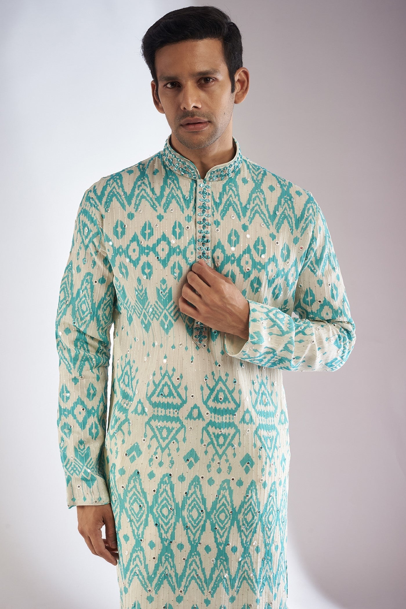 Blue Silk Printed & Embroidered Kurta Set