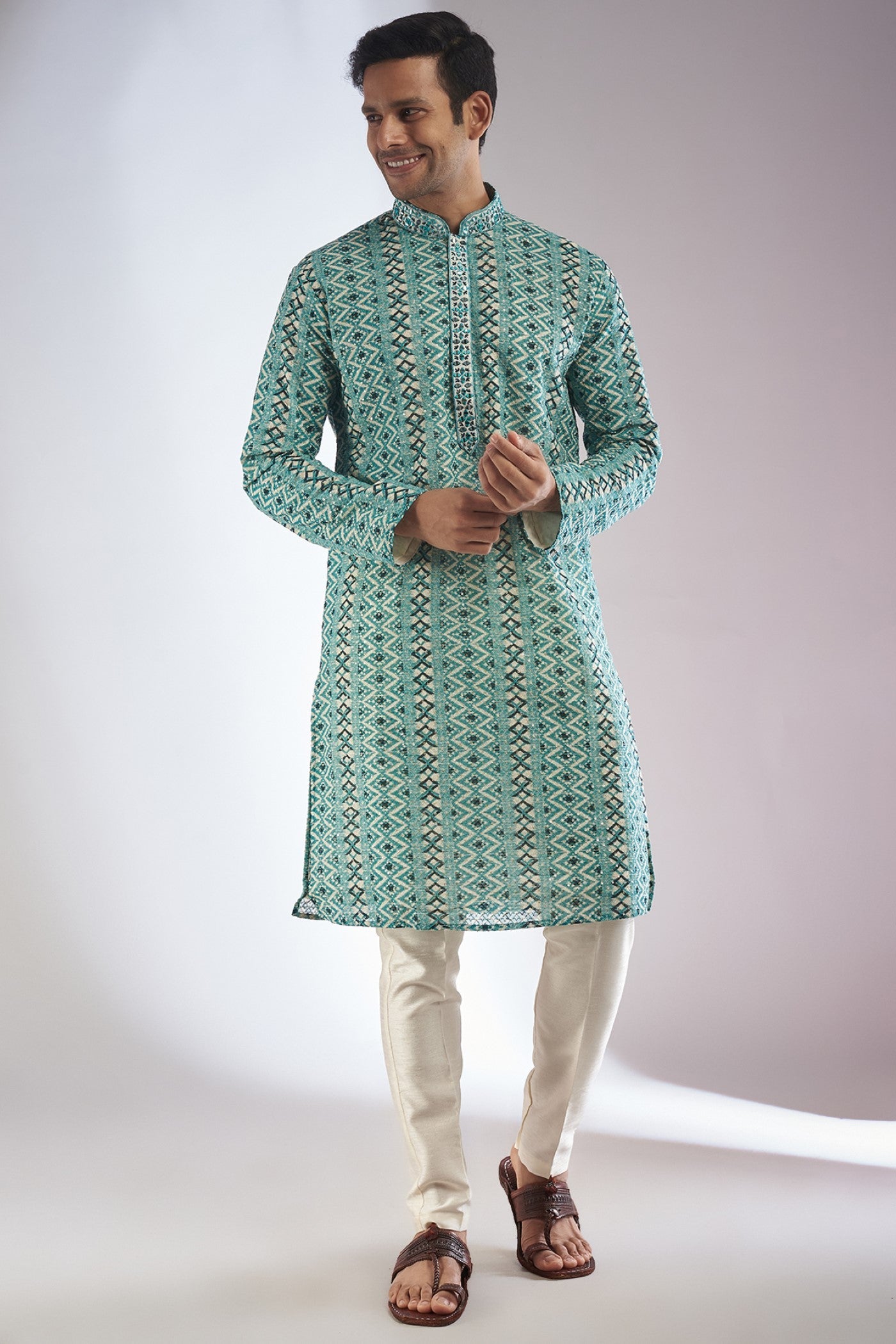 Green Silk Printed & Embroidered Kurta Set