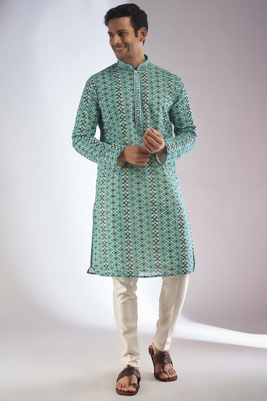 Green Silk Printed & Embroidered Kurta Set