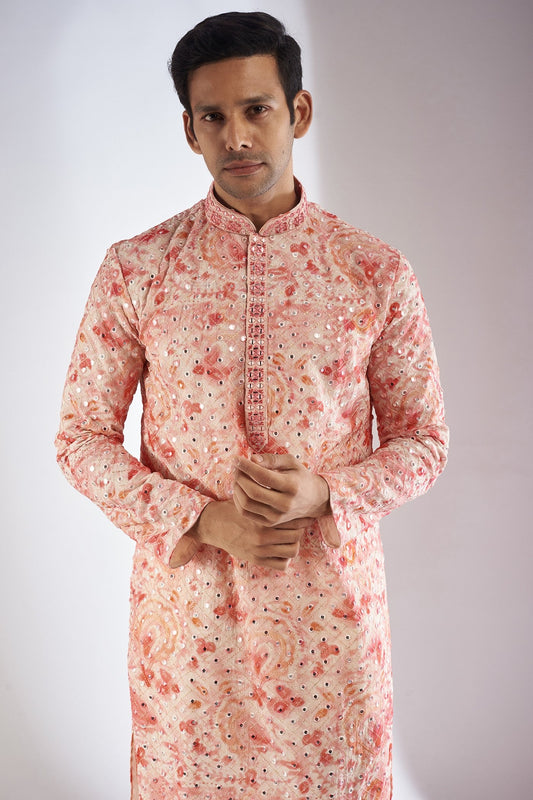 Pink Silk Printed & Embroidered Kurta Set