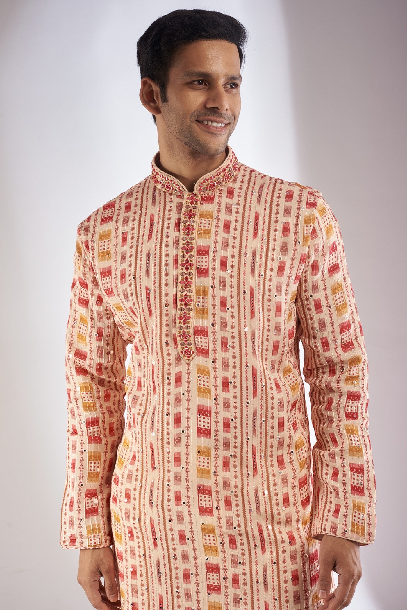 Multi-Colored Silk Printed & Embroidered Kurta Set