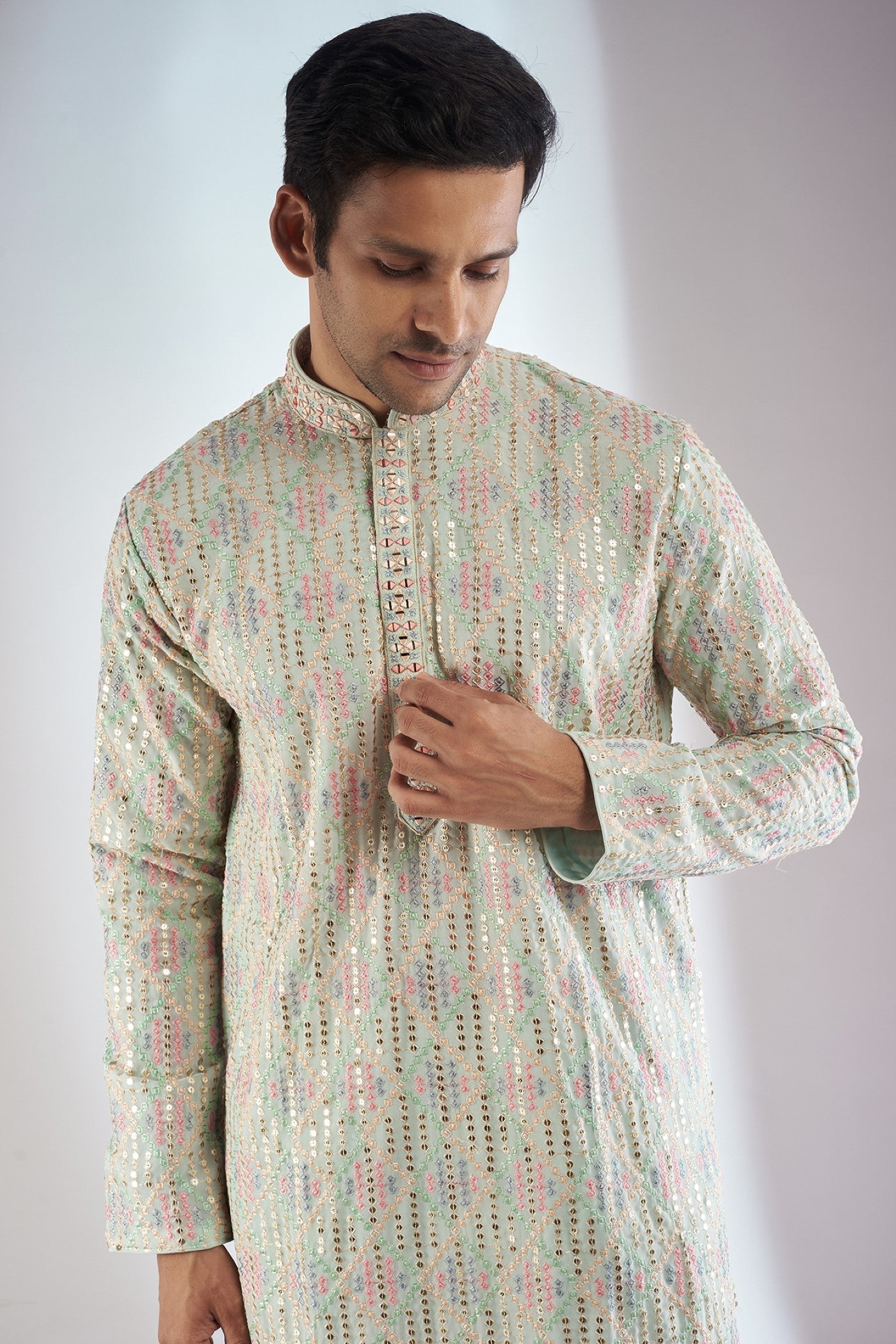 Pista Silk Embroidered Kurta Set
