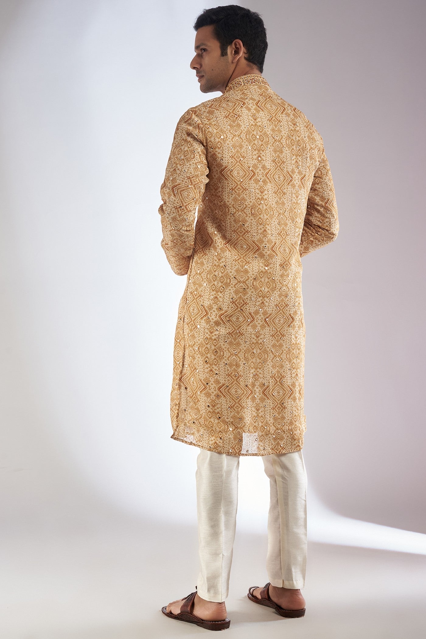 Mustard Silk Printed & Embroidered Kurta Set