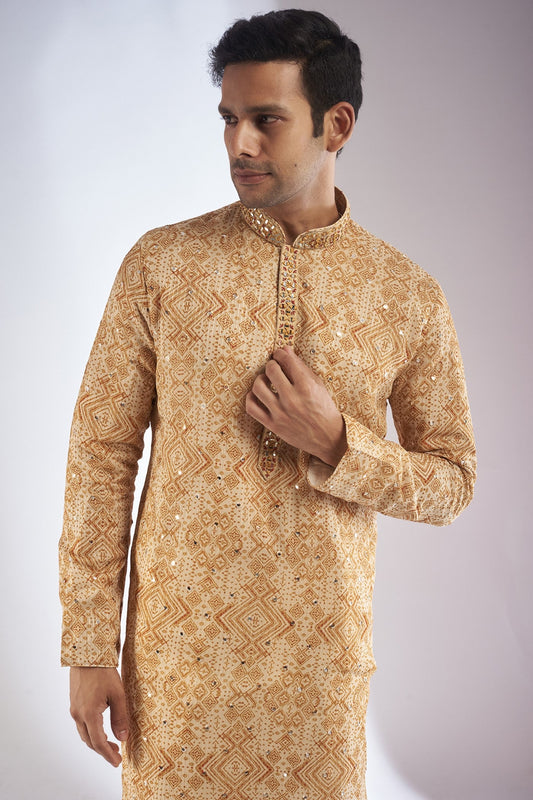 Mustard Silk Printed & Embroidered Kurta Set